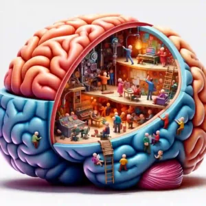 Cartoon image of a cut away brain revealing small characters
